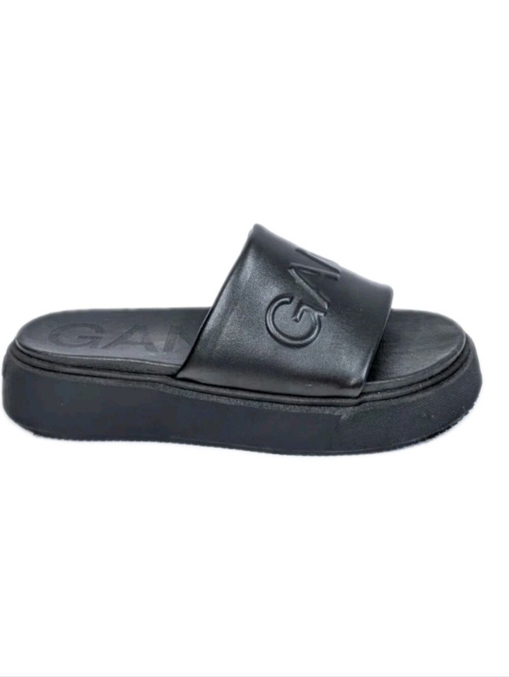 Ganni Logo Embossed Platform Slides Eu 38 Women Faux Black Leather Sandals